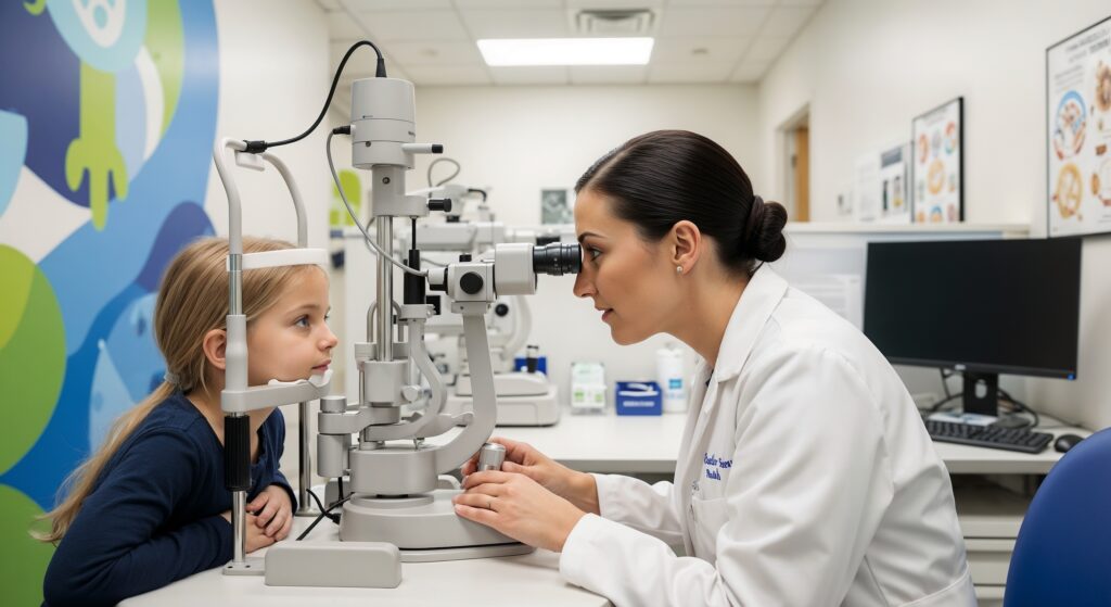 opthamologist examining child patient, childhood myopia