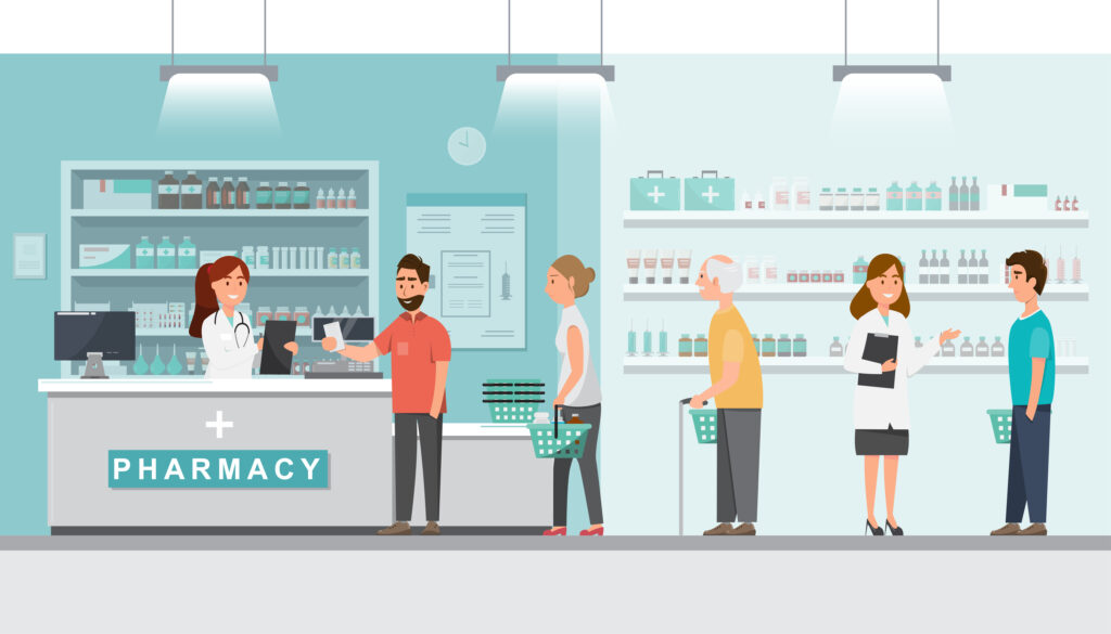 long pharmacy line, people considering switching pharmacies. animated, 4 customers and two pharmacists helping. pharmacy stand with sign, one pharmacist behind the counter